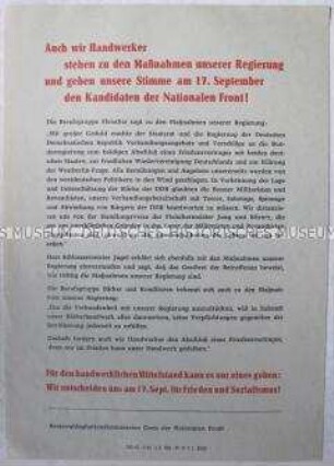 Propagandaflugblatt mit einem Bekenntnis von Handwerkern zu den Kandidaten der Nationalen Front bei den Kommunalwahlen 1961