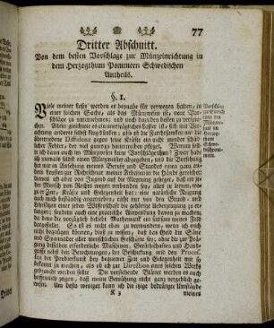 Dritter Abschnitt. Von dem besten Vorschlage zur Münzeinrichtung in dem Herzogthum Pommern Schwedischen Antheils.