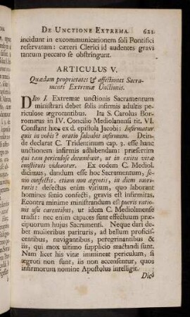 621-629, Articulus V. Quaedam proprietates & affectiones Sacramenti Extremae Unctionis.