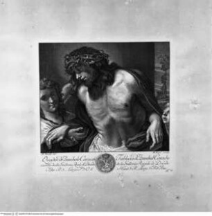 Recueil d'Estampes d'après les plus célèbres tableaux de la Galerie Royale de Dresde. I. Volume. Contenant cinquante pieces avec une description de chaque tableau en francois et en italien. ... Imprimé a Dresde M.DCC.LIII., Tafel 18: Christus mit der Dornenkrone, von Engeln gestützt