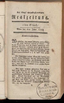 1tes Stück. Wien den 8ten Jäner 1774.