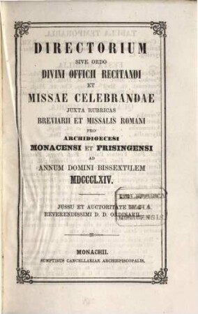 Directorium sive ordo divini officii recitandi et missae celebrandae. 1864