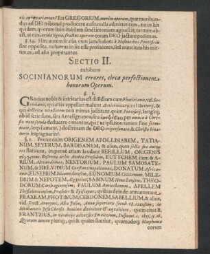 Sectio II. exhibens Socinianorum errores,circa perfectionem bonorum Operum.