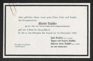 Brief von Jutta Raschke, Agnes Raschke, Sophia Raschke und Johanne Raschke an Gerhart Hauptmann