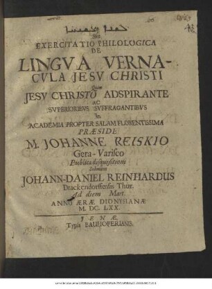 ... Sive Exercitatio Philologica De Lingua Vernacula Jesu Christi