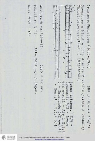 Ouverture a Flaut. e Oboe d'Amore 2 Violin. / Viola e Cembalo / Christ: Graupner.