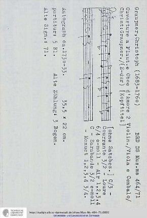 Ouverture a Flaut. e Oboe d'Amore 2 Violin. / Viola e Cembalo / Christ: Graupner.