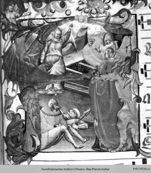 Antiphonar D : Folio mit Bordürenrahmen, vierlinigen Neumen und historisierter Initiale A mit der Auferstehung Christi