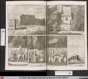 [oben links:] TOMBEAUX A NAXI RUSTAN. [oben rechts:] TOMBEAUX A NAXI RUSTAN. [unten von links nach rechts:] FIGURES ENTRE DEUX TOMBEAUX. FIGURES A DEMI ENTRERREES. DEUX CAVALIERS A CHEVAL. DEUX PETITS EDIFICES.