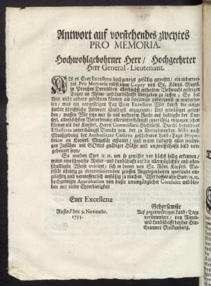 Antwort auf vorstehendes zweytes Pro Memoria.