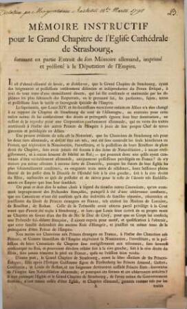 Mémoire instructif pour le Grand Chapitre de l'Eglise Cathédrale de Strasbourg