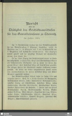 Bericht über die Thätigkeit des Geschäftsausschusses für das Gewerbemuseum zu Chemnitz im Jahre 1895