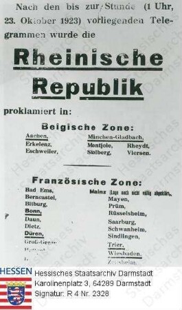 Hessen (Volksstaat), 1923 Oktober 23 / Proklamation der Rheinischen Republik
