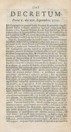 Decretum Feria v. die XXV. Septembris 1710