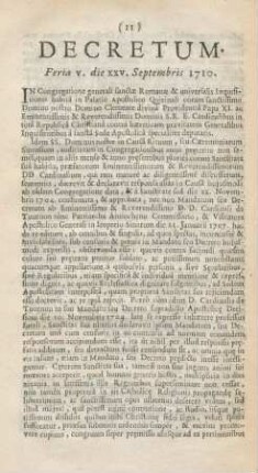 Decretum Feria v. die XXV. Septembris 1710