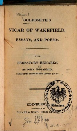 Goldsmith's Vicar of Wakefield, essays, and poems