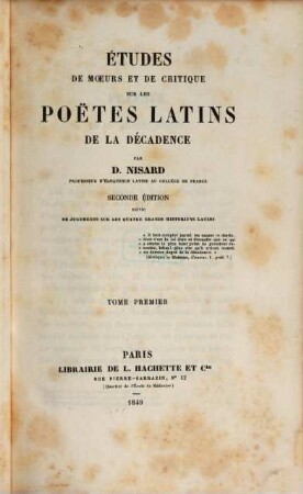 Études de moeurs et de critique sur les poètes latins de la décadence, 1