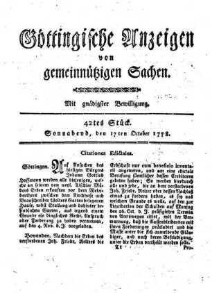 42tes Stück. Sonnabend, den 17ten October 1778.