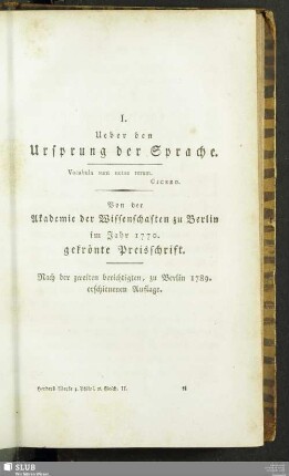 I. Ueber den Ursprung der Sprache