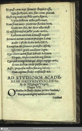 Ad Studiosos Academiae Gryphiswaldensis de Aeglogis Virgilii. Elegia VII.