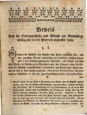 Beweis daß die Ordensgeistlichen und Mönche zur Seelensorge unfähig, und von den Pfarreyen abzurufen seyen