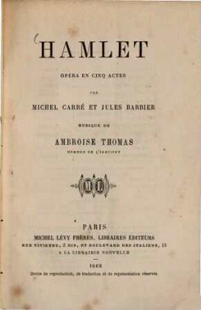 Hamlet : Opéra en 5 actes