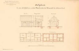 Regulierung der Weichselmündung. Fähranstalt, Schiewenhorst: Stallgebäude: Ansicht, Grundrisse, Schnitte 1:100