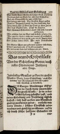 Das neunde Lehrstücke Von der Schöpfung Gottes/ auch dessen Erhaltung und Versehung aller Dinge.