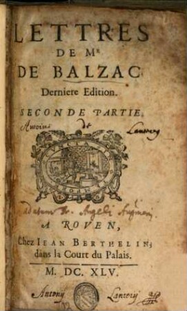 Les Lettres Dv Sievr De Balzac. Seconde Partie