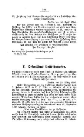 Uebereinkommen mit dem Fürstlichen Schwarzburgischen Ministerium zu Sondershausen über gegenseitige Anerkennung der Prüfungszeugnisse für Lehrerinnen und Schulvorsteherinnen : [F. Oeffentliches Volksschulwesen]