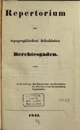 Repertorium des topographischen Atlasblattes Berchtesgaden