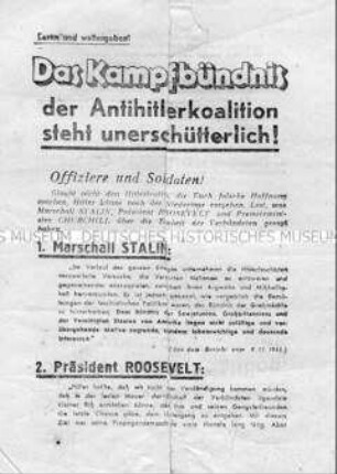 Sowjetisches Abwurf-Flugblatt mit Aussagen von Churchill, Stalin und Roosevelt zur Antihitlerkolaition