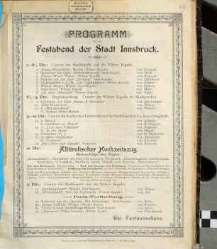 Programm für den Festabend der Stadt Innsbruck