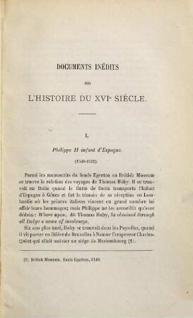 Documents inédits relatifs à l'histoire du XVIe siècle, 1