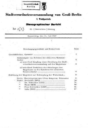 Nr. 39, 31. Juli 1947, Ordentliche Sitzung