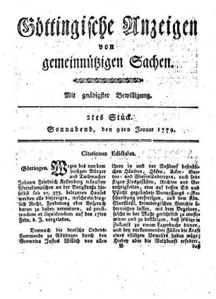 2tes Stück. Sonnabend, den 9ten Januar 1779.