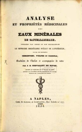 Analyse et propriétés médicinales de eaux minérales de Castellammare