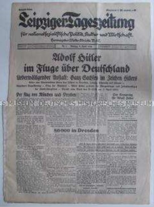 Lokalzeitung der NSDAP "Leipziger Tageszeitung" zum Wahlkampf Hitlers in Sachsen