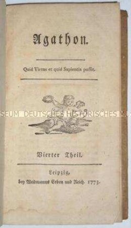 Erstausgabe von Christoph Martin Wielands "Agathon" in der ersten umgearbeiteten Fassung in vier Bänden (Band 4)