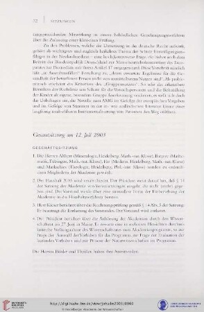 Gesamtsitzung am 12. Juli 2003