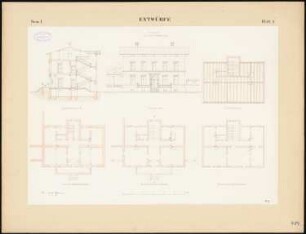 Predigerhaus: Vorderansicht, 3 Grundrisse, Querschnitt,