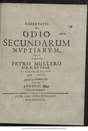 Dissertatio De Odio Secundarum Nuptiarum