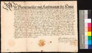 Bürgermeister und Rat der Stadt Bautzen leihen sich von Andreas Hillarch, Bürger zu Bautzen, 600 Taler gegen einen jährlichen Zins von sechs Prozent. Ein Nachtrag vermerkt, dass das Darlehen am 15. Oktober 1603 zurückgezahlt wurde.