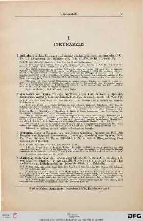 I. Inkunabeln (Nr. 1-22)