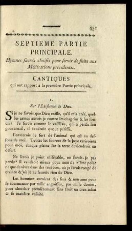Septieme Partie Principale. Hymnes sacrés choisis pour servir de suite aux Méditations précédentes.