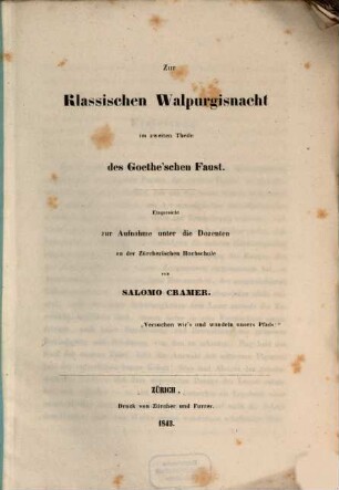 Zur Klassischen Walpurgisnacht im 2. Theile des Goethe'schen Faust