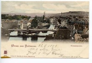 "Gesamtansicht" - Blick vom Götzenturm auf Neckarbrücke mit Hefenweiler, Ölfabrik und Papierfabrik