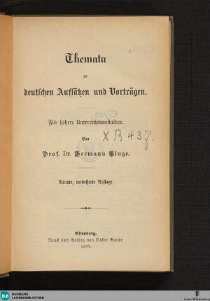 Themata zu deutschen Aufsätzen und Vorträgen : für höhere Unterrichtsanstalten