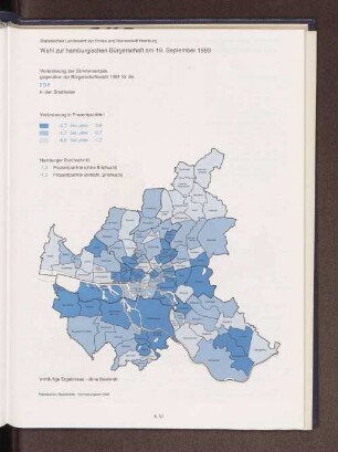 Veränderung der Stimmenanteile 1993 gegenüber der Bürgerschaftswahl 1991 für die F.D.P. in den Stadtteilen