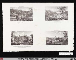 [4 Harzansichten]: Der Mägdesprung. Alexisbad. Schloss Falkenstein mit der Thalmühle. Schloss Ballenstedt vom Thiergarten aus.